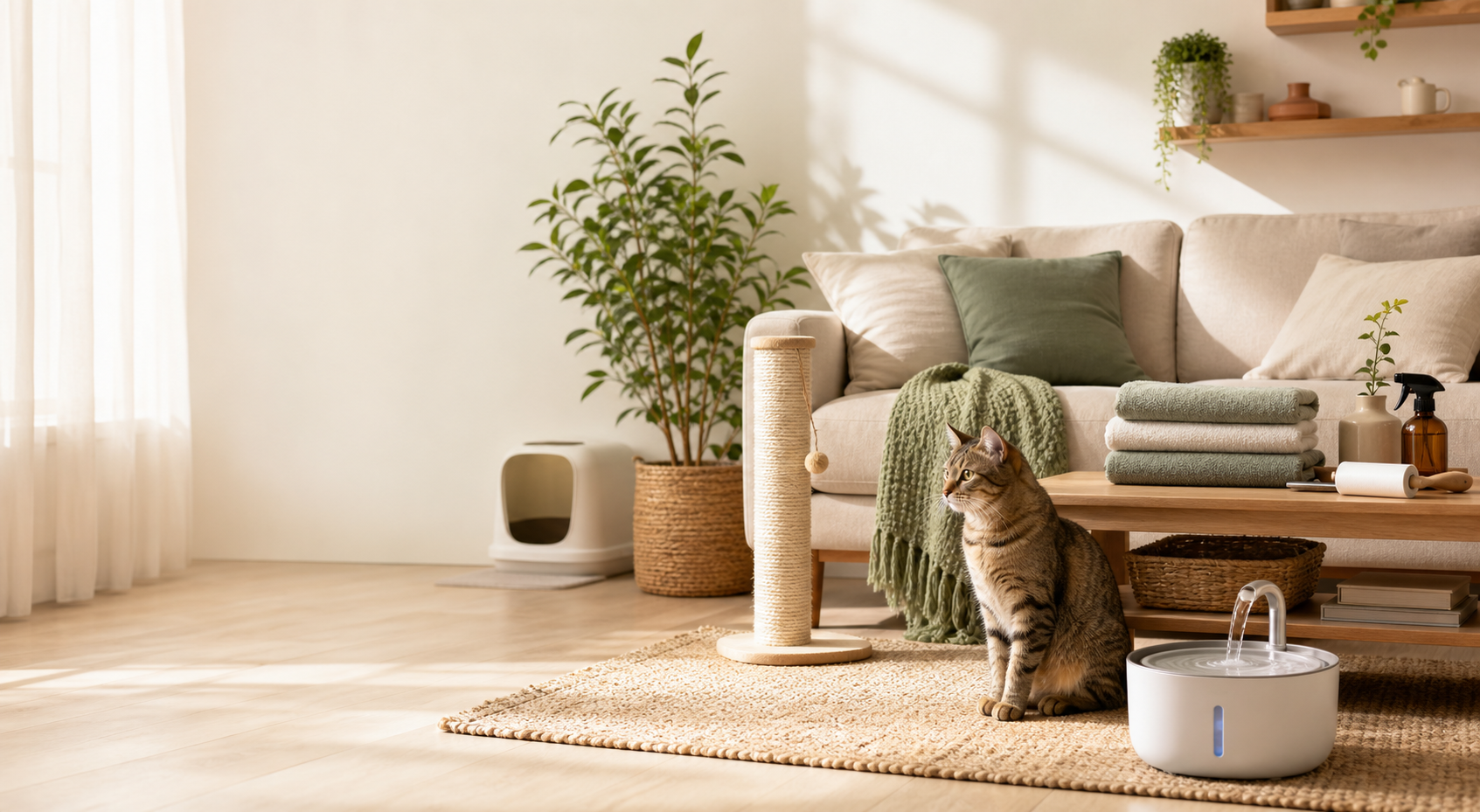 Rincon luminoso y ordenado de casa con gato de interior, fuente de agua, rascador y textiles limpios